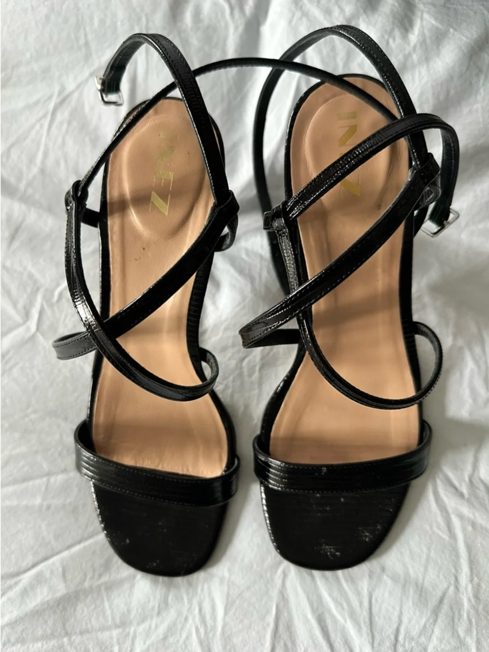 INEZ Selena Heeled Sandals in Black Lizard Embossed Leather - Picture 2 of 7
